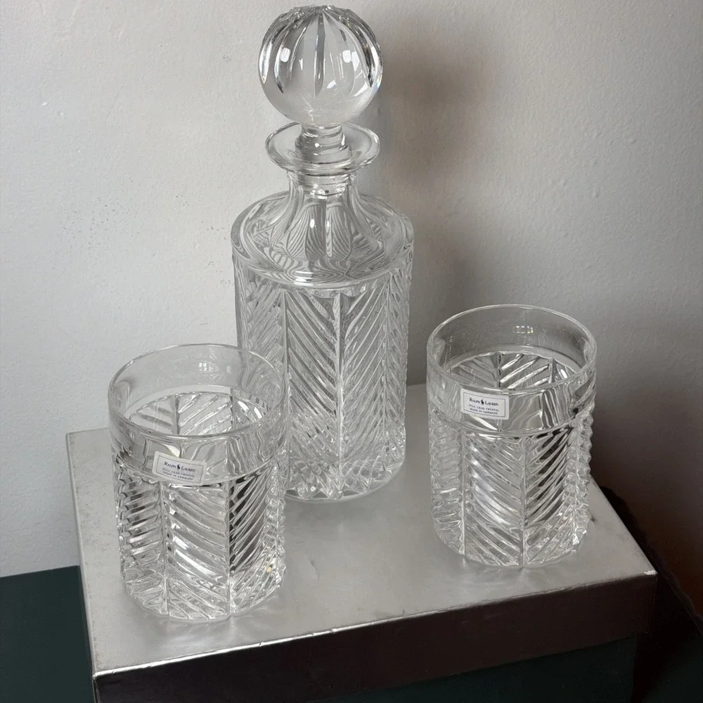 Vintage Ralph Lauren Herringbone Cut Crystal Decanter & 2 High Ball Glasses NEW